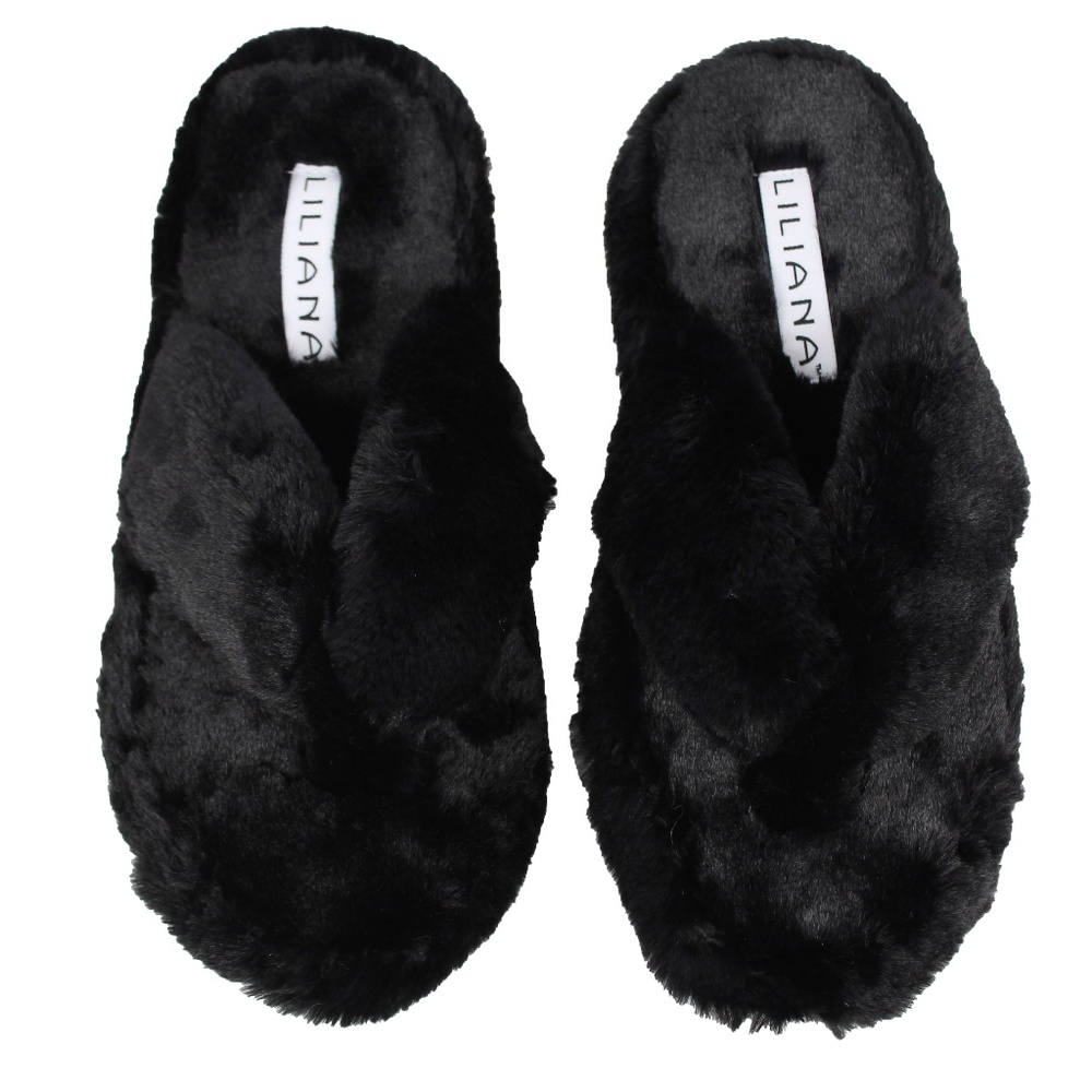 Black Furry Thong Slippers - Picture 2 of 4